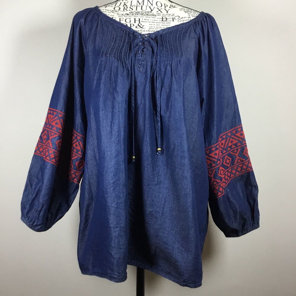 Pioneer Woman denim blue top criss cross front red southwestern embroidery sz XL